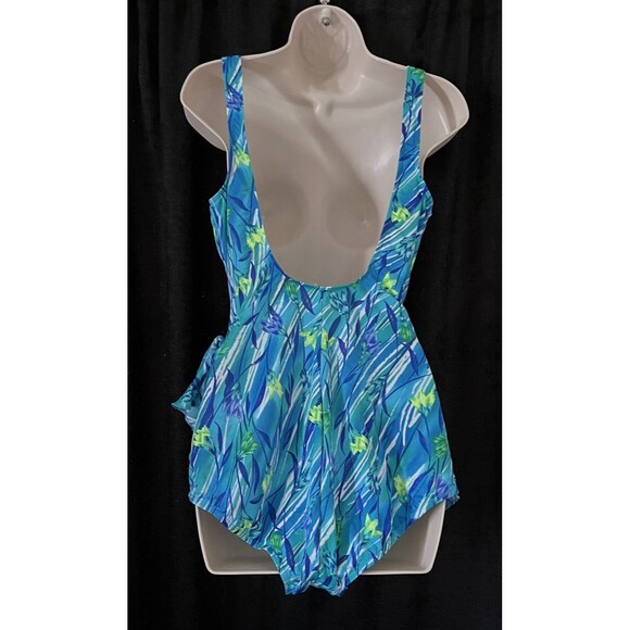 Maxine Of Hollywood Blue Green Tropical Floral Front Skirted Swimsuit 18 READ - Picture 6 of 11